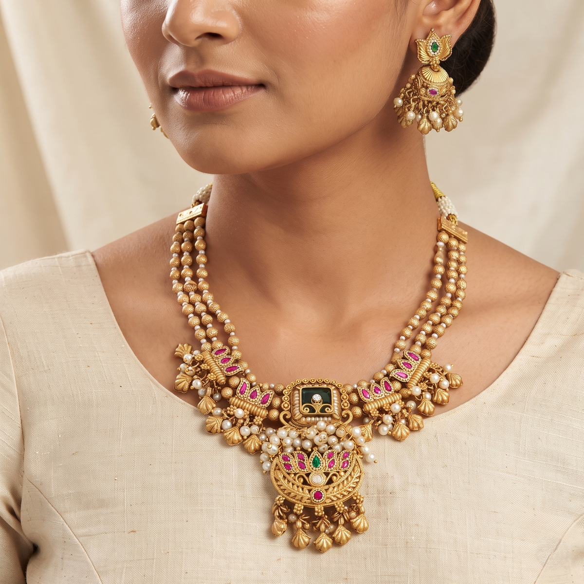 Traditional Gold-Plated Multi-Strand Stone Necklace Set