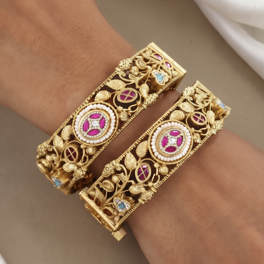 Ornate Floral Ruby & Gold Patla Bangle Patla Set