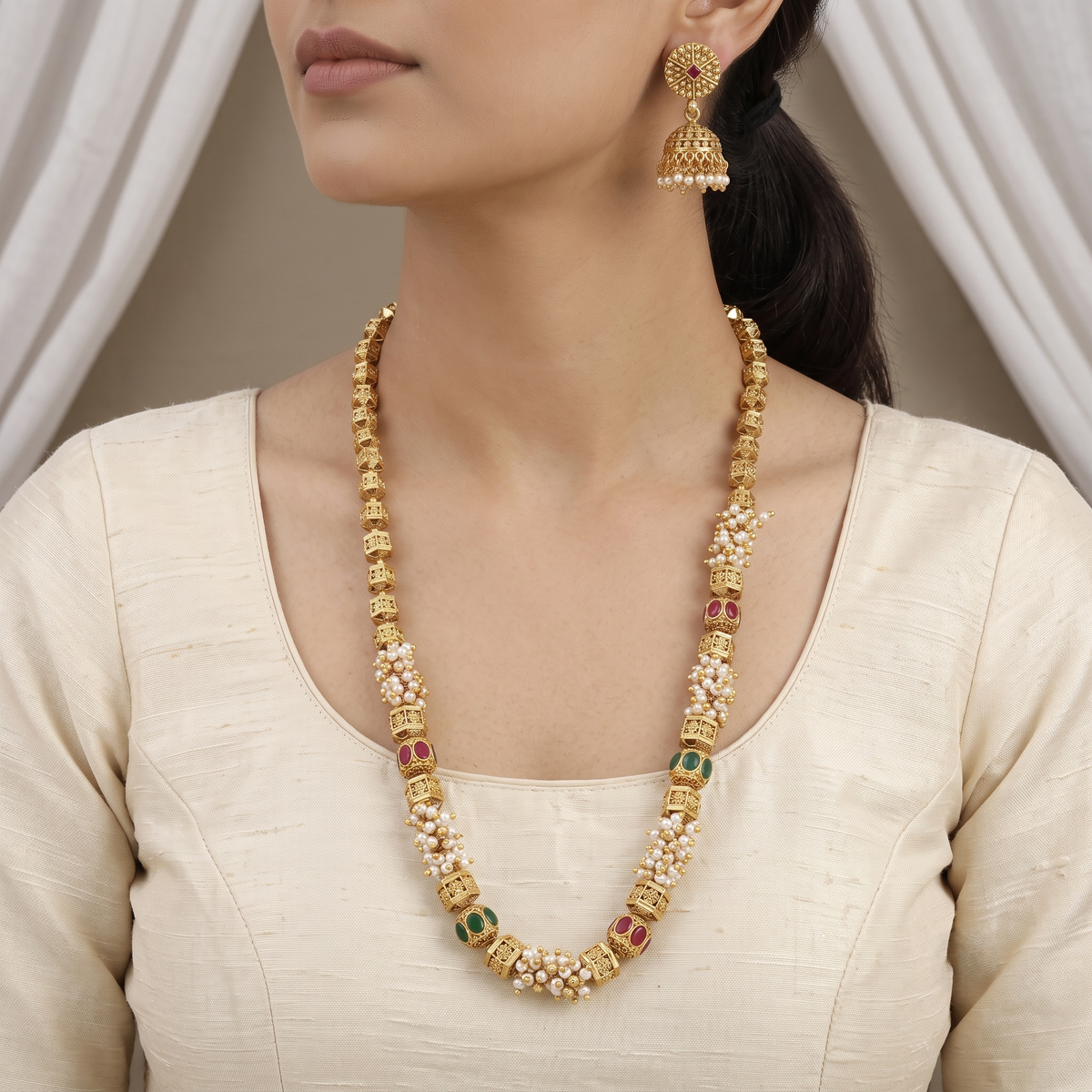 Traditional Gold-Plated Multicolored Stone & Pearl Long Mala Set