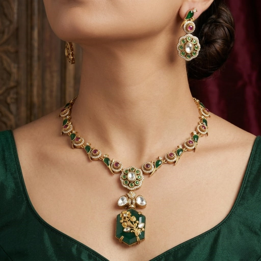 Traditional Jadau Parrot Motif Necklace & Earring Set
