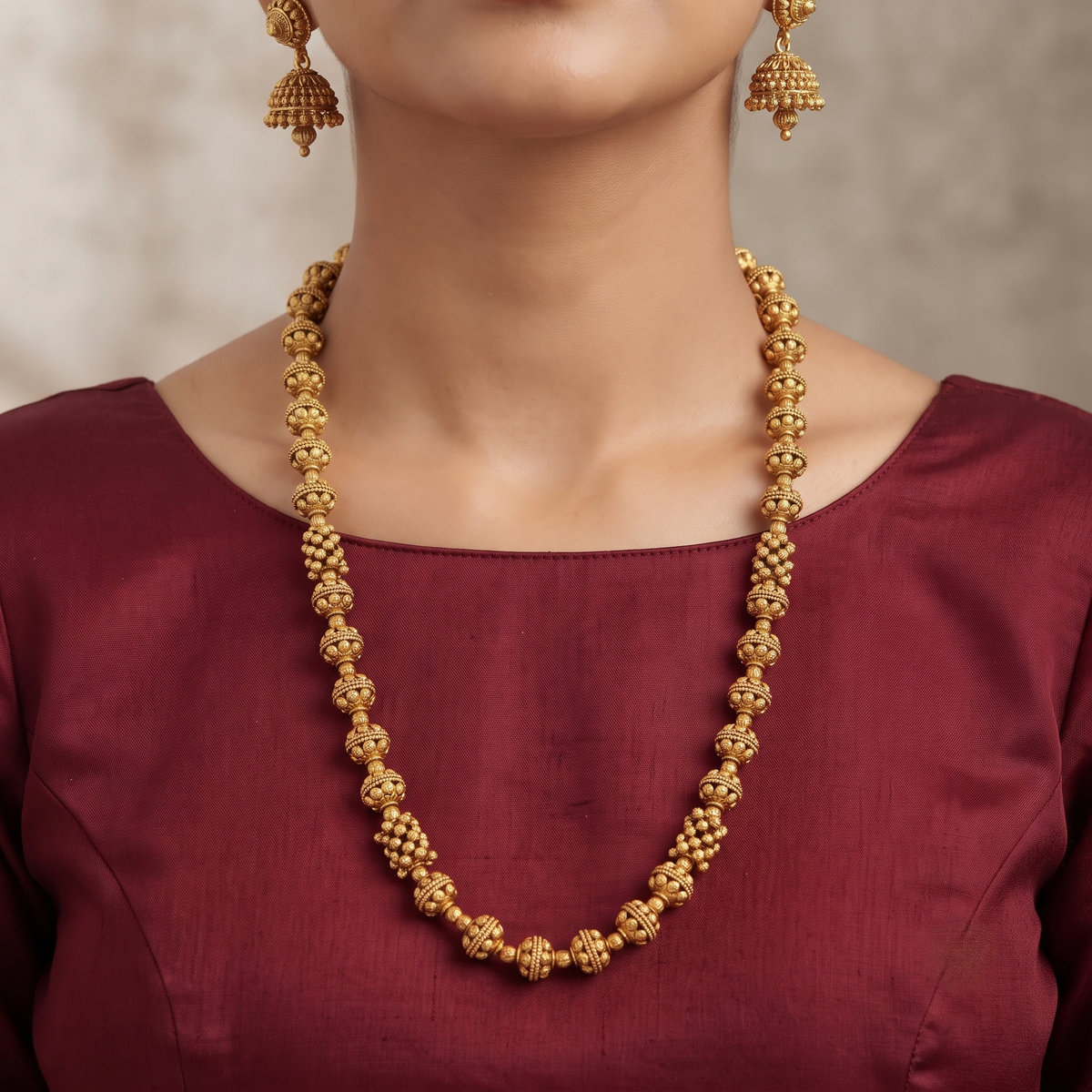 Traditional Gold-Plated Granulated Beaded Mala Set with Earrings