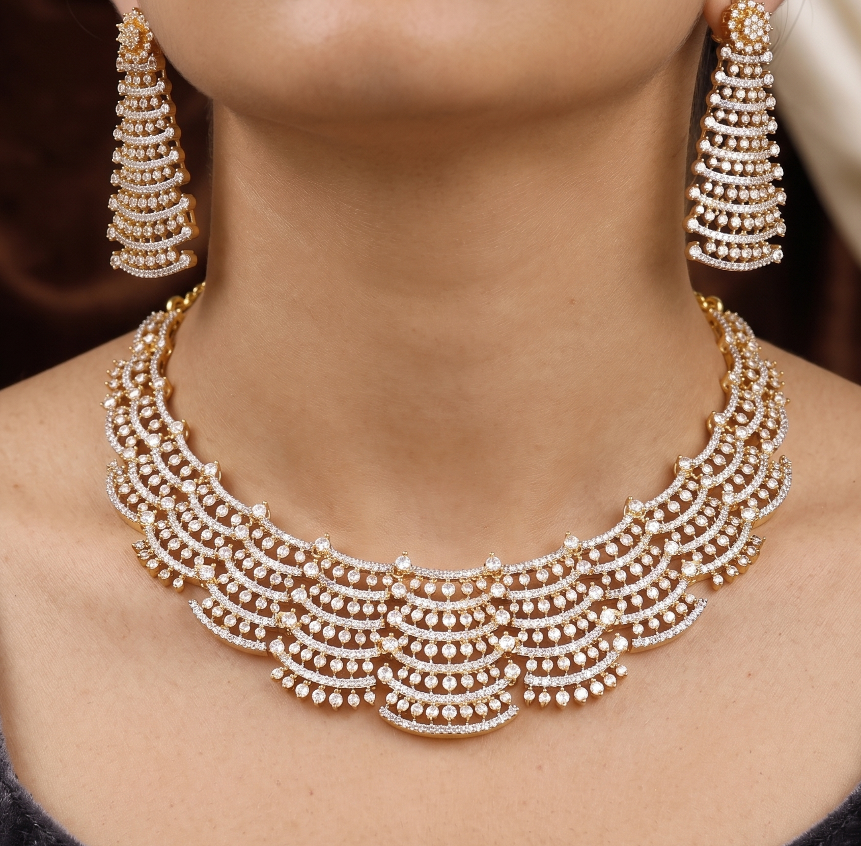 Elegant Gold-Polished American Diamond Necklace Set with Earrings