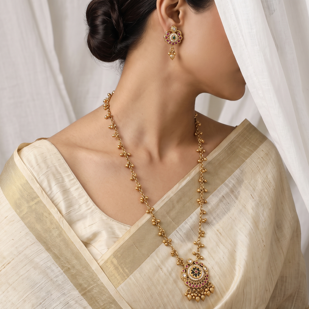 Traditional Gold-Toned Red Stone & Pearl Mini Necklace Set