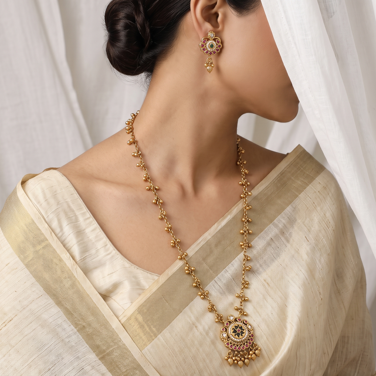 Traditional Gold-Toned Red Stone & Pearl Mini Necklace Set