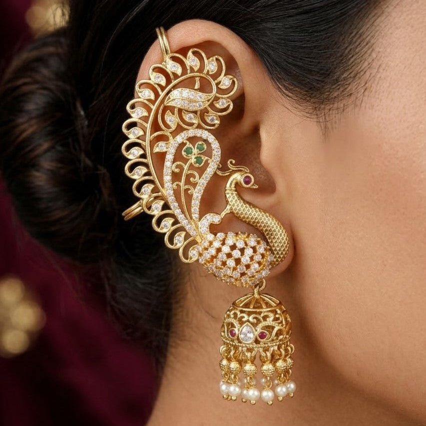 Exquisite Gold-Plated Peacock Jhumka Ear Cuffs