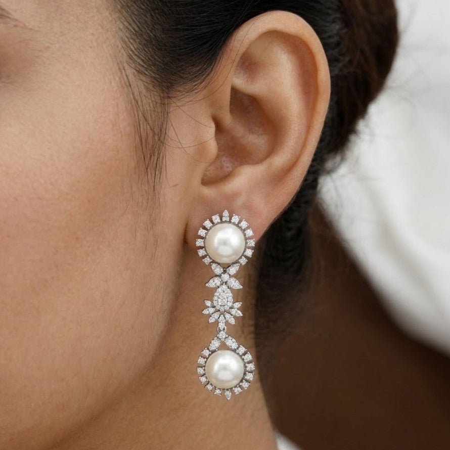 Elegant Pearl & CZ Drop Earrings in Silver Tone