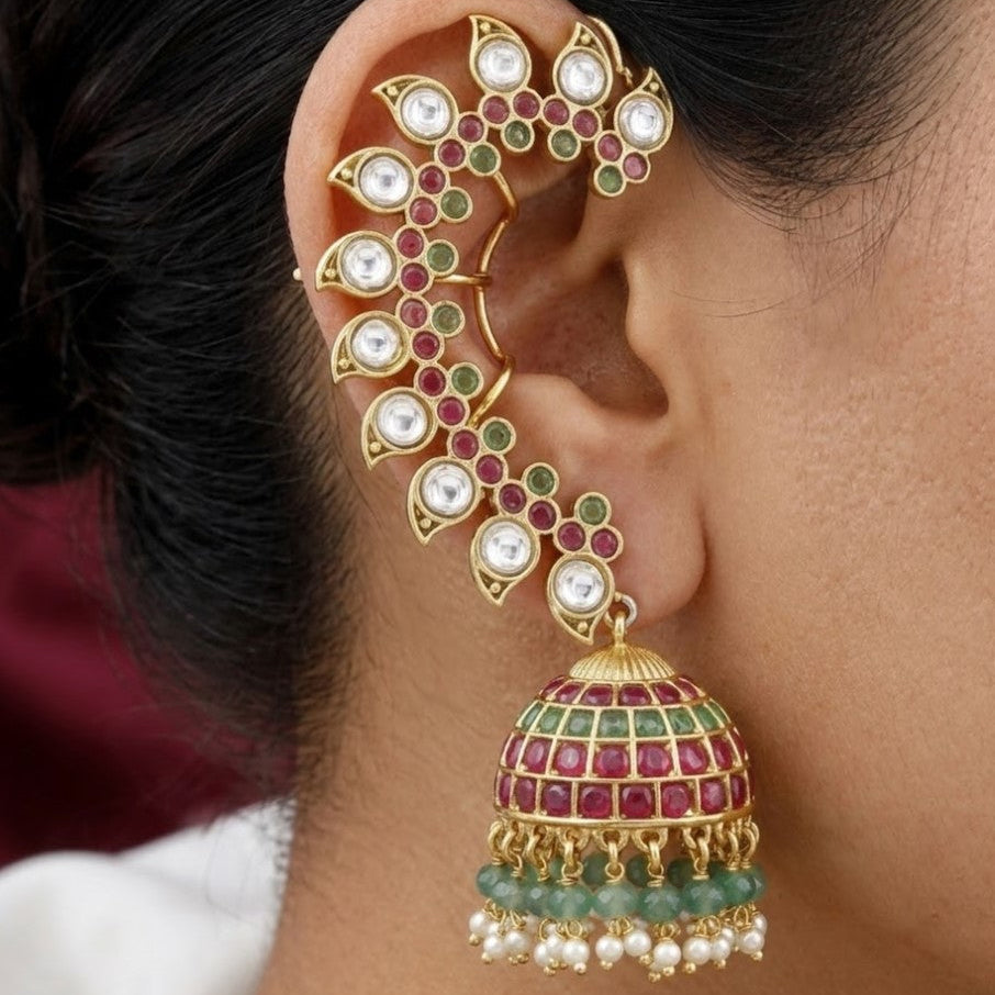 Traditional Ruby & Emerald Kundan Jhumka Ear Cuffs