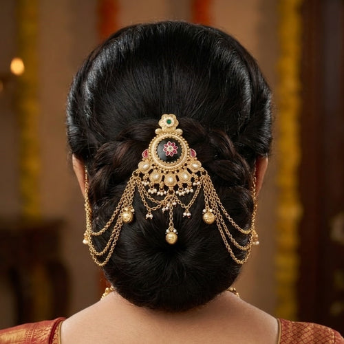 Antique Gold Lakshmi Temple Hair Brooch with White Stones & Pearls