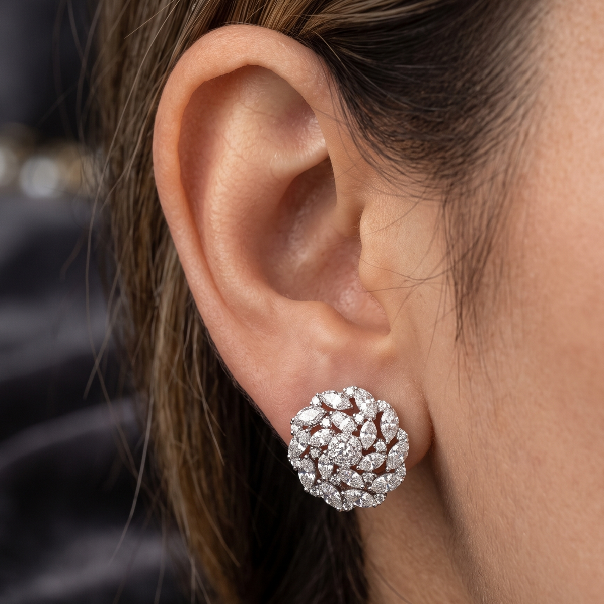 Silver Spiral Pavé Diamond Floral Cluster Stud Earrings