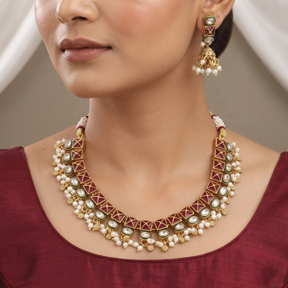 Traditional Gold-Plated Ruby & Pearl Stone Choker Set