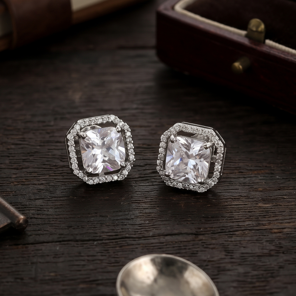 Silver Cushion Cut Solitaire Halo Stud Earrings