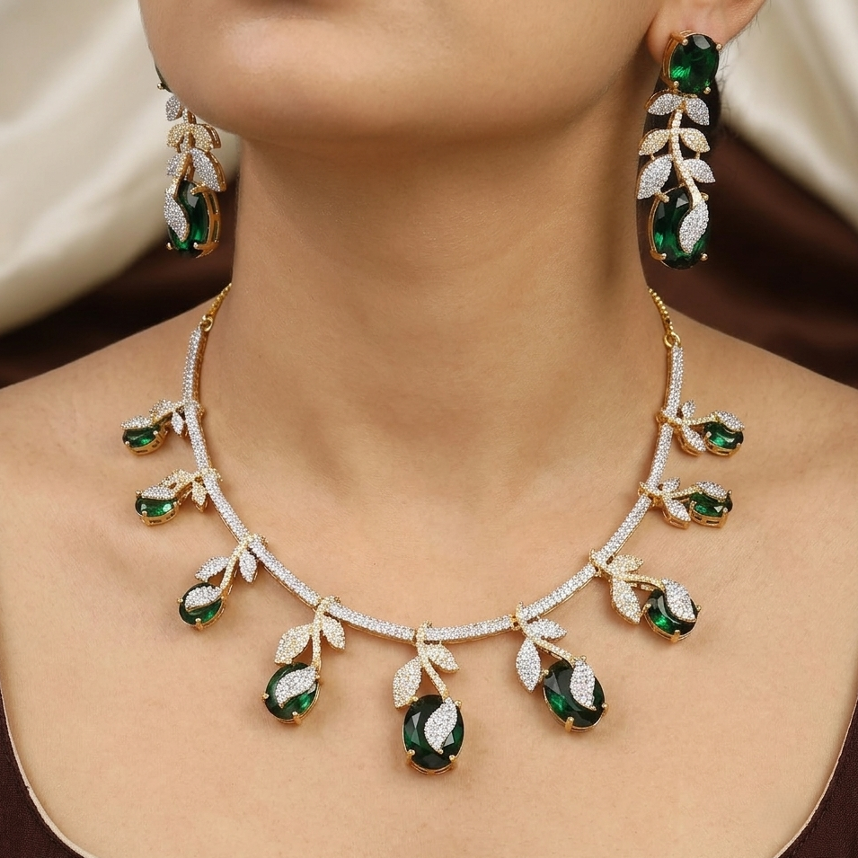 Elegant Emerald & Diamond Necklace Set with Matching Earrings