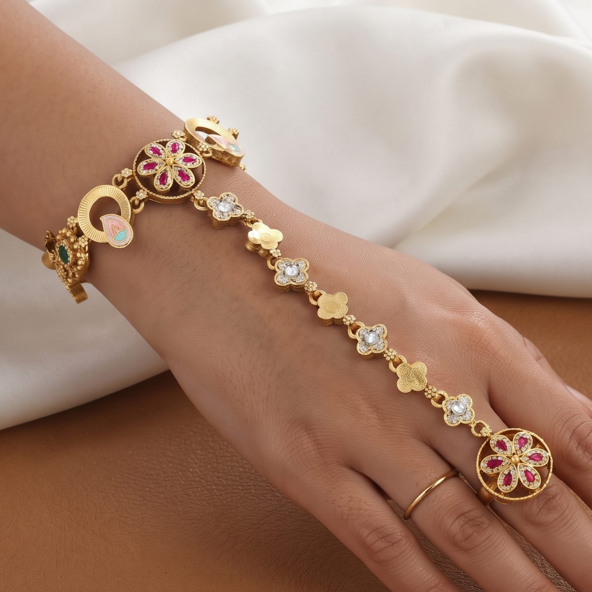Delicate Gold-Plated Floral Hathphool with Ruby & CZ Stones