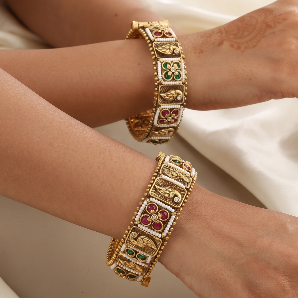 Traditional Peacock Engraved Gold Bangles Patla Set