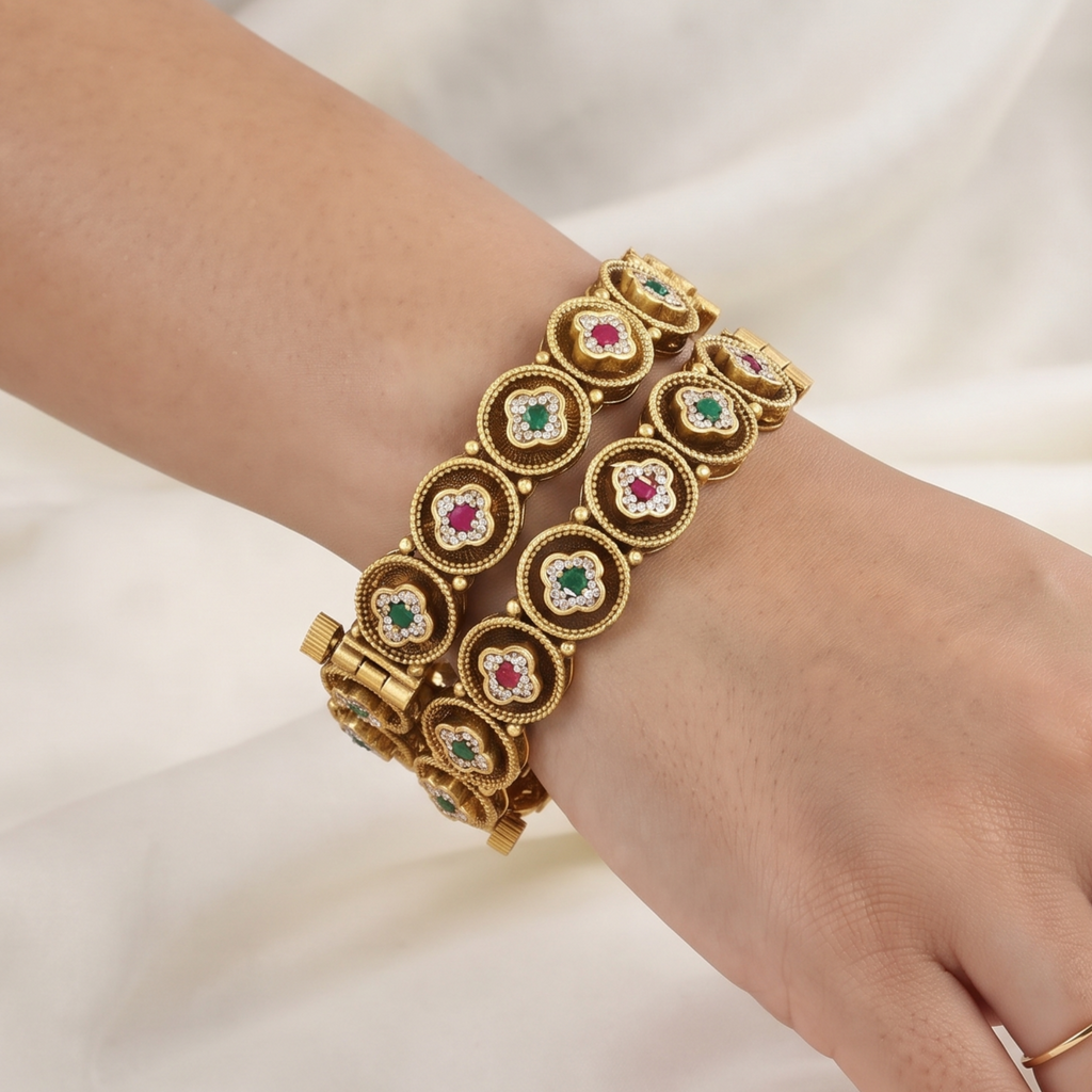 Floral Motif Ruby & Emerald Gold Bangles Patla Set