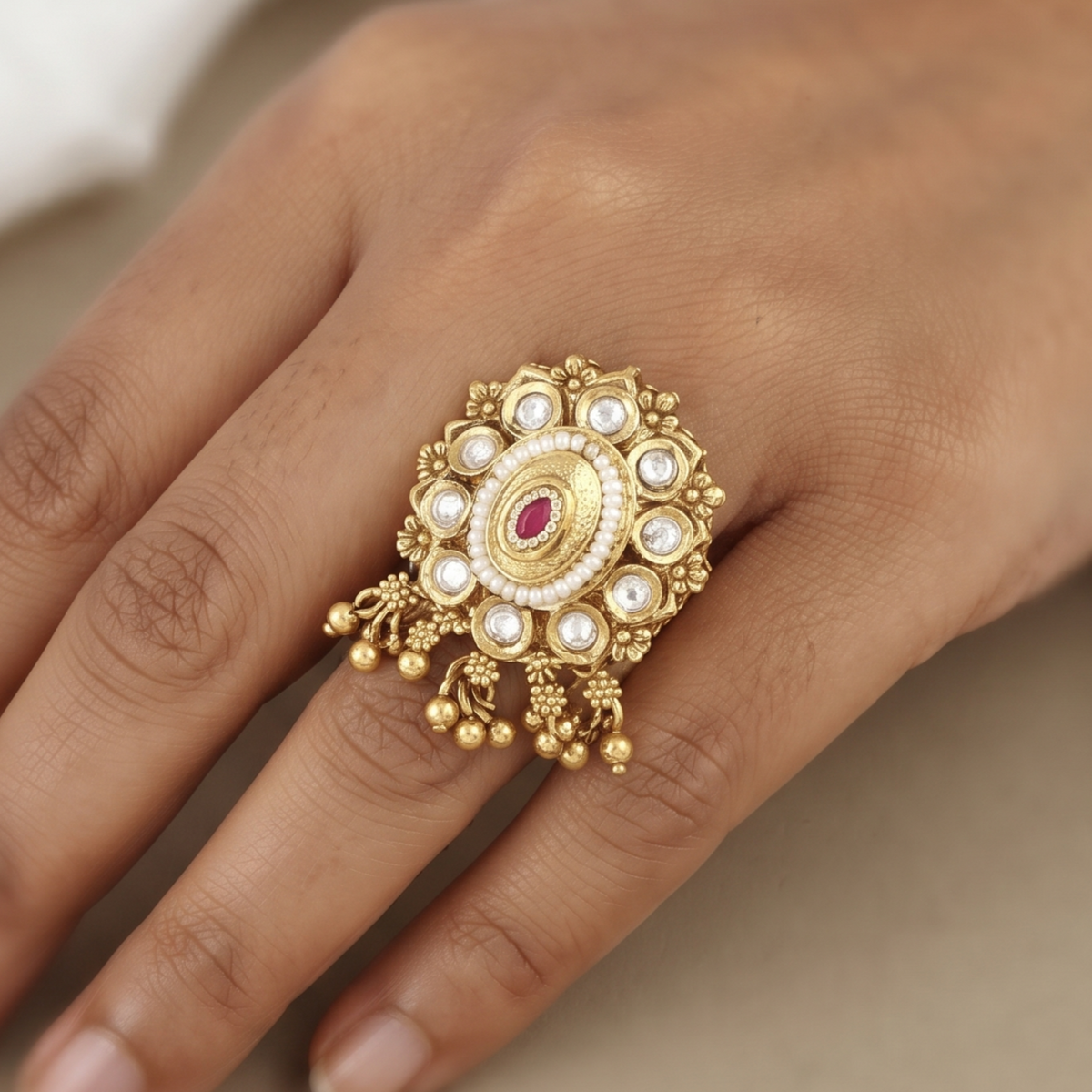 Vintage Gold Oval Statement Ring with Kundan & Ghungroo Beads