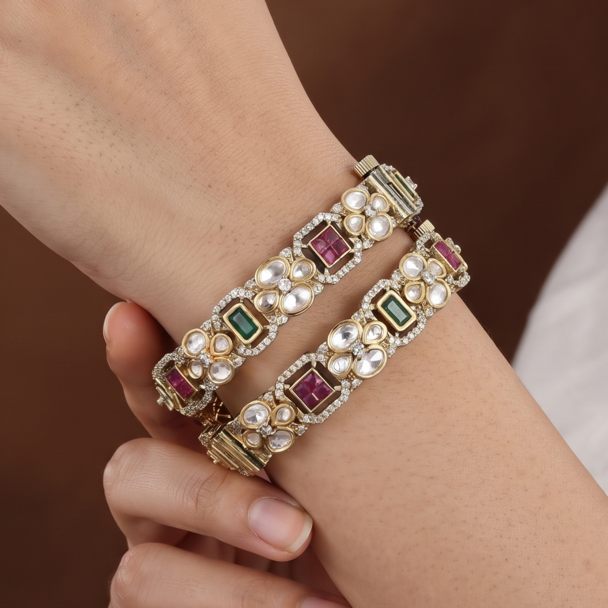 Gold-Plated Openable Kundan Kada with Ruby & Emerald Stones